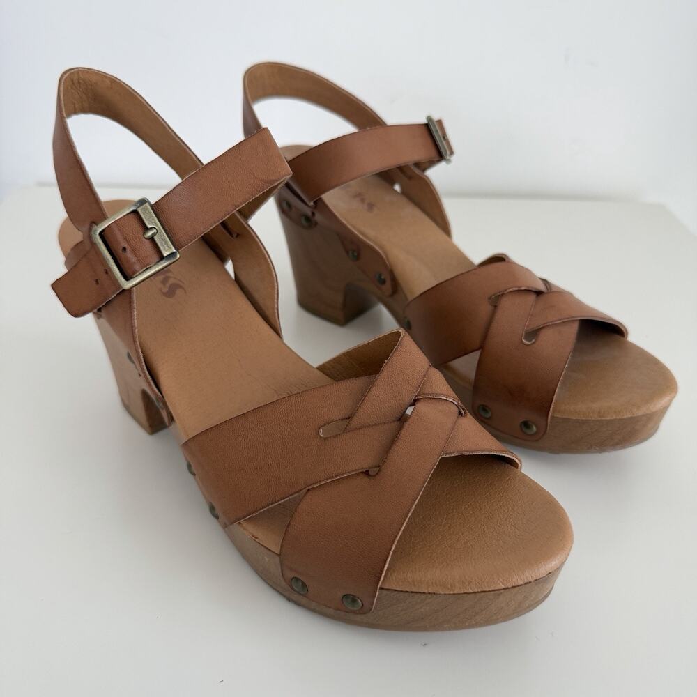 Korks Platform Sandals Womens 9 Brown Tan Wood Heel Strap Studs Boho Earthy‎ - Picture 2 of 9
